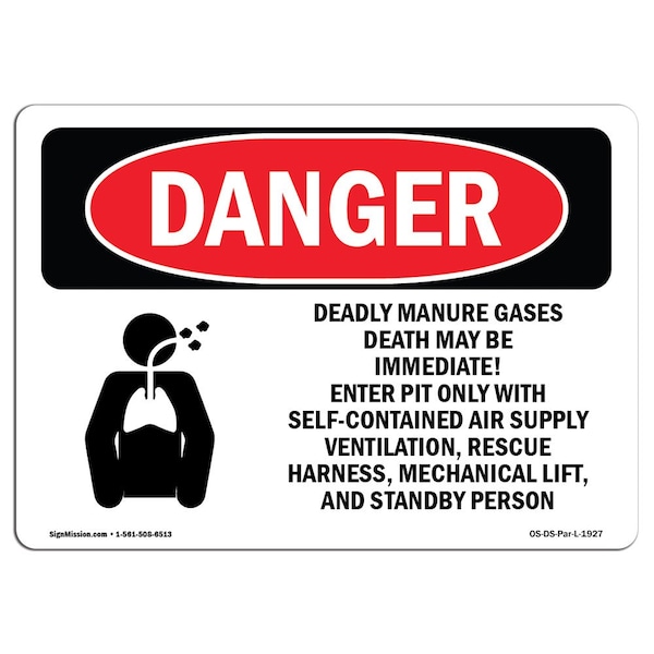 Safety Sign, OSHA Danger, 3.5" Height, 5" Width, Deadly Manure Gas Hazard, Landscape, 10PK